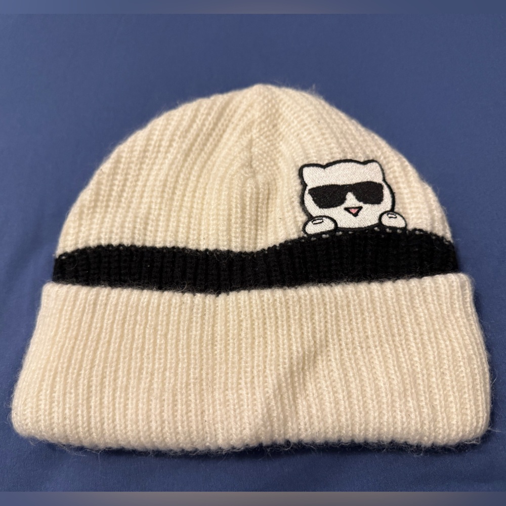 Karl Lagerfeld Cream and Black Character Beanie